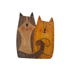 Vintage Brown Orange Hand-Painted Wood Look Resin Double Cats Brooch Pin - CUTE!